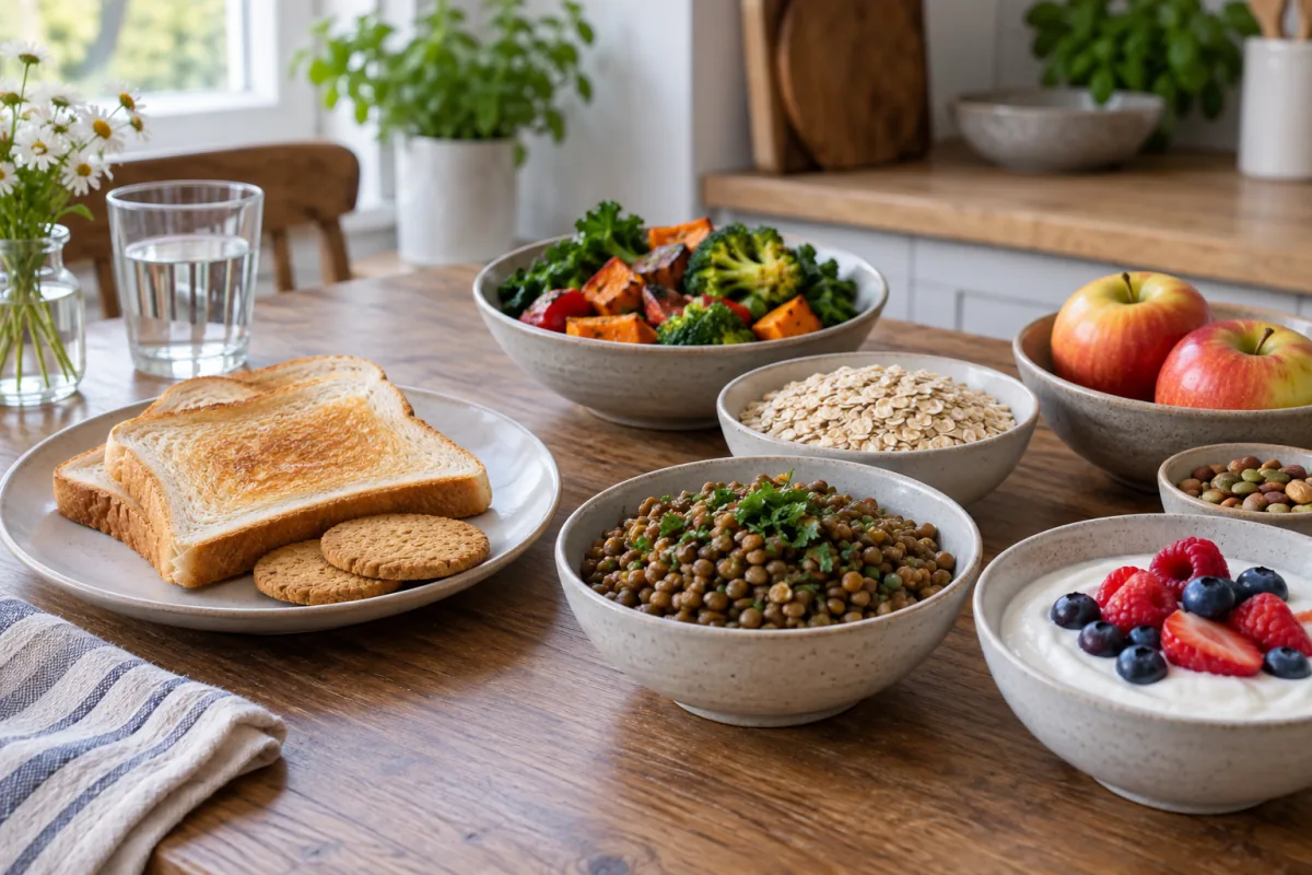 Bowls of lentils, oats, vegetables and fruit beside a plate of everyday snack foods.