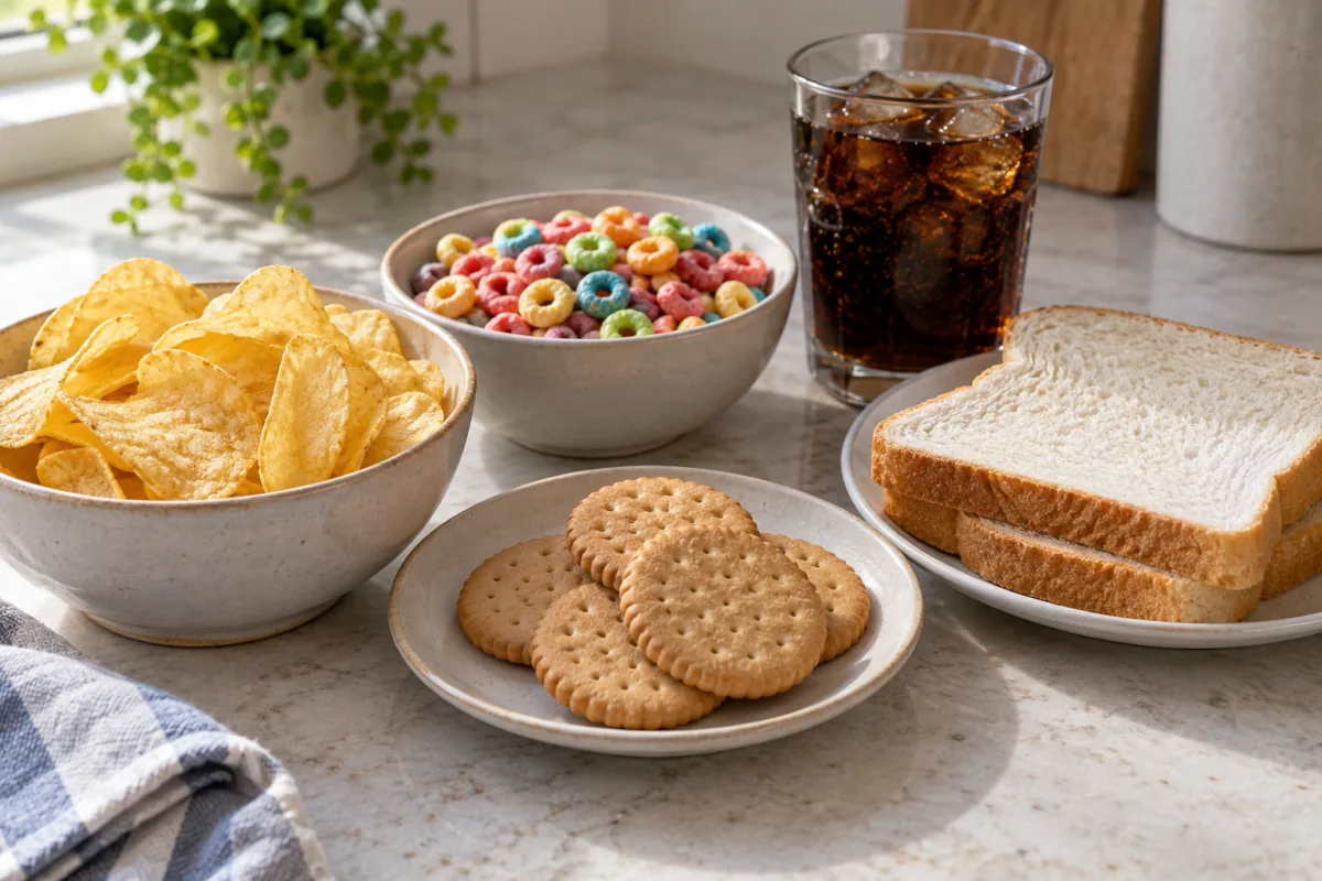 Unbranded bowls of crisps, sweet cereal and biscuits arranged on a kitchen counter.