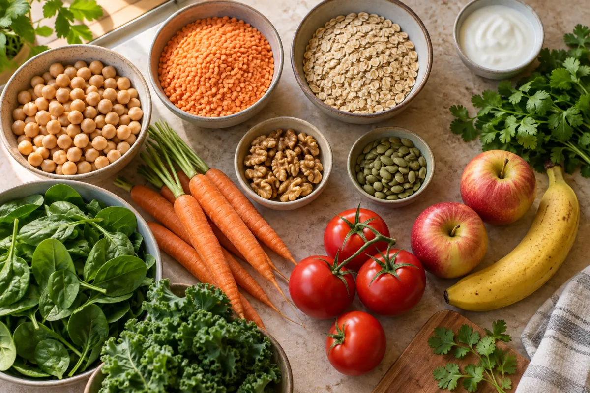 Chickpeas, lentils, oats, nuts, fruit and fresh vegetables ready for simple meal preparation.