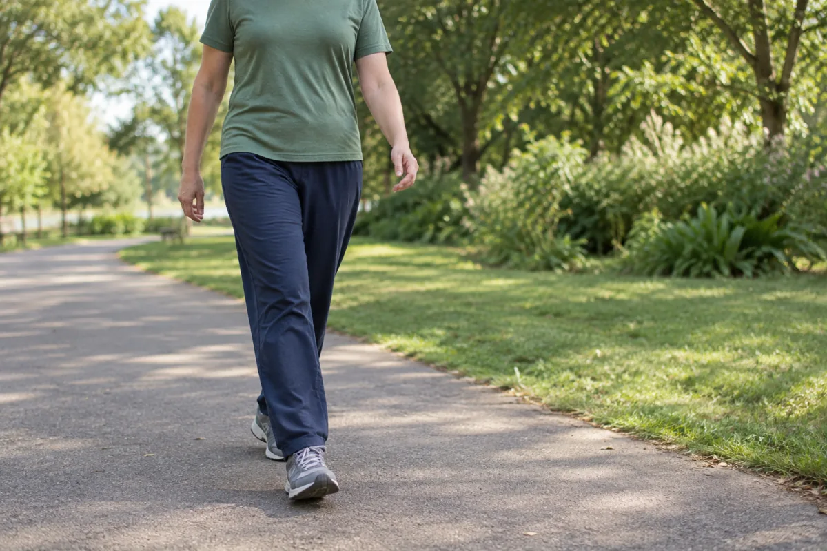 An adult in comfortable workout clothes takes an easy walk on a quiet park path.