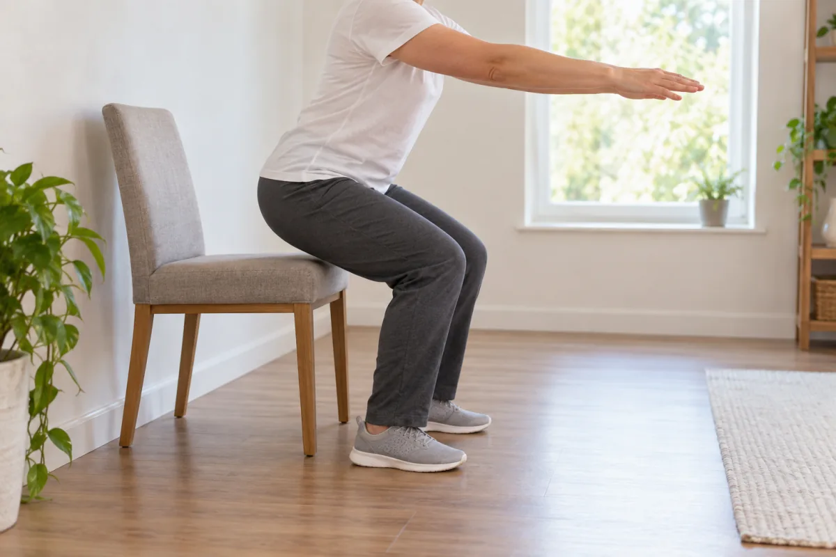 An adult practices a gentle chair squat beside a stable chair at home.