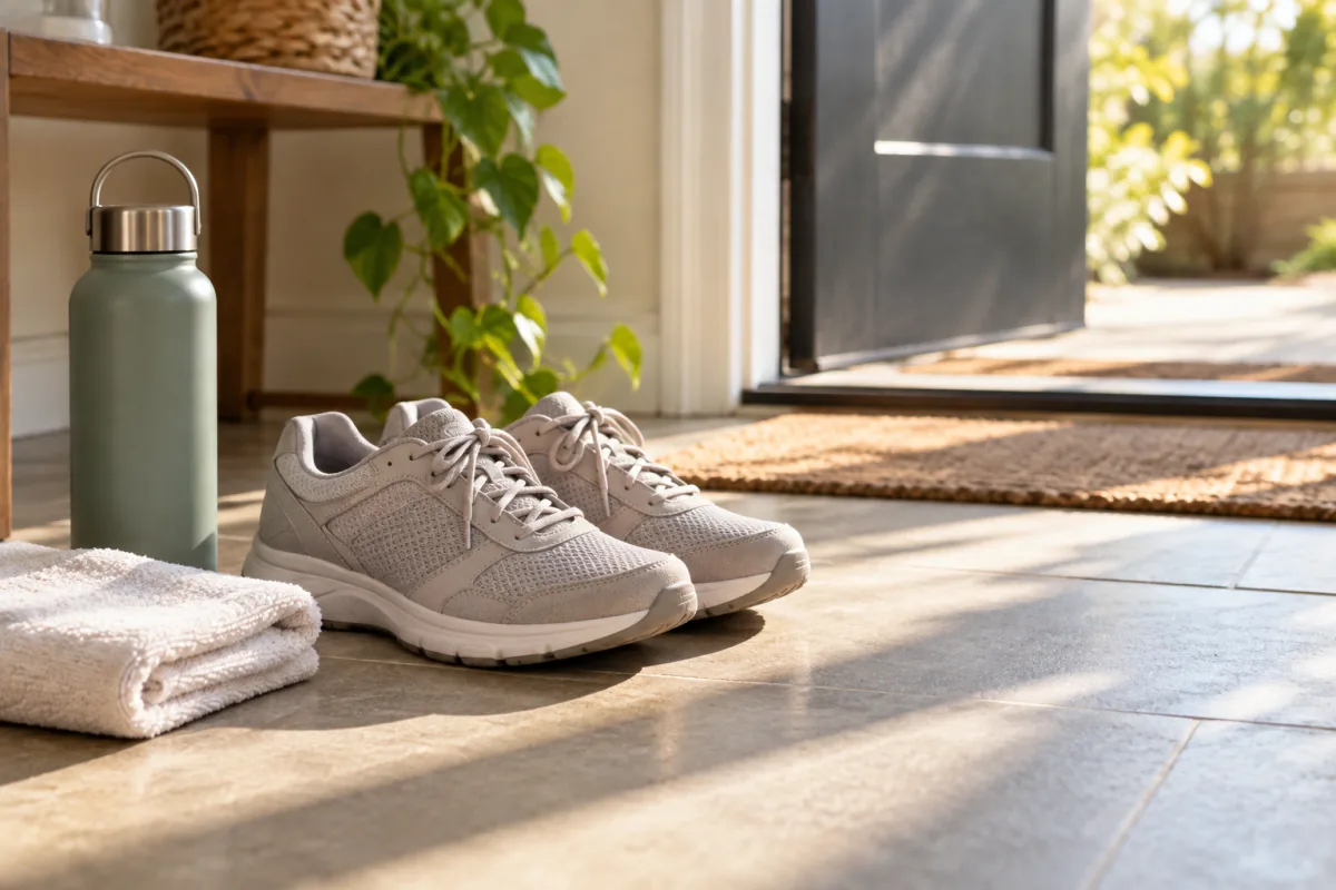 Plain walking shoes, a water bottle and a folded towel wait beside a doorway.