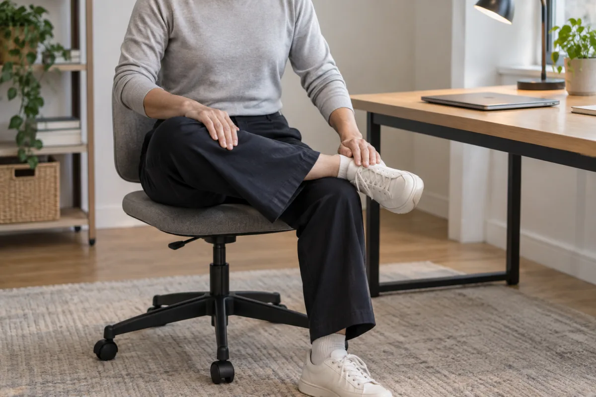 A desk worker takes a seated figure-four stretch beside a home-office desk.