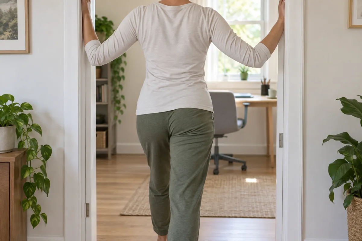 An adult makes a gentle doorway chest stretch during a break from desk work.