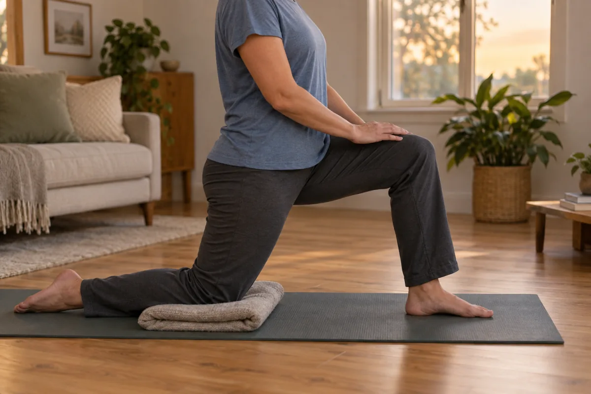 An adult kneels on a padded mat for a gentle hip-flexor stretch after desk work.