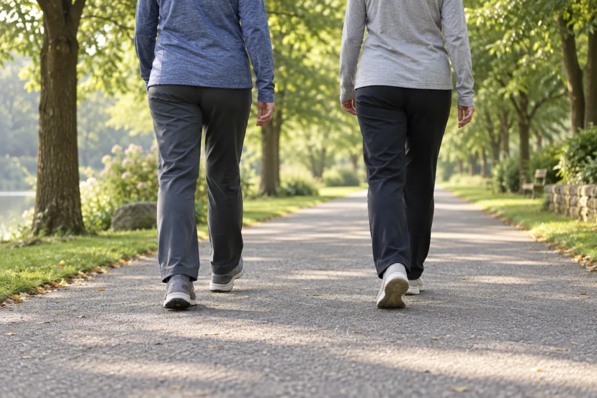 Two adults walk together on a level park path in soft morning light.