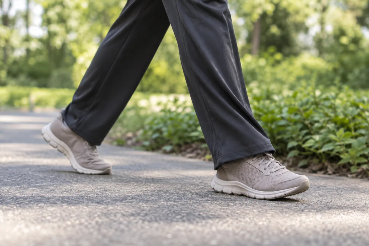 A close view of walking shoes and relaxed steps on a smooth outdoor path.