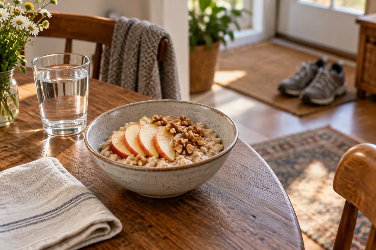 A simple bowl of oats and fruit with water on a table after a walk.