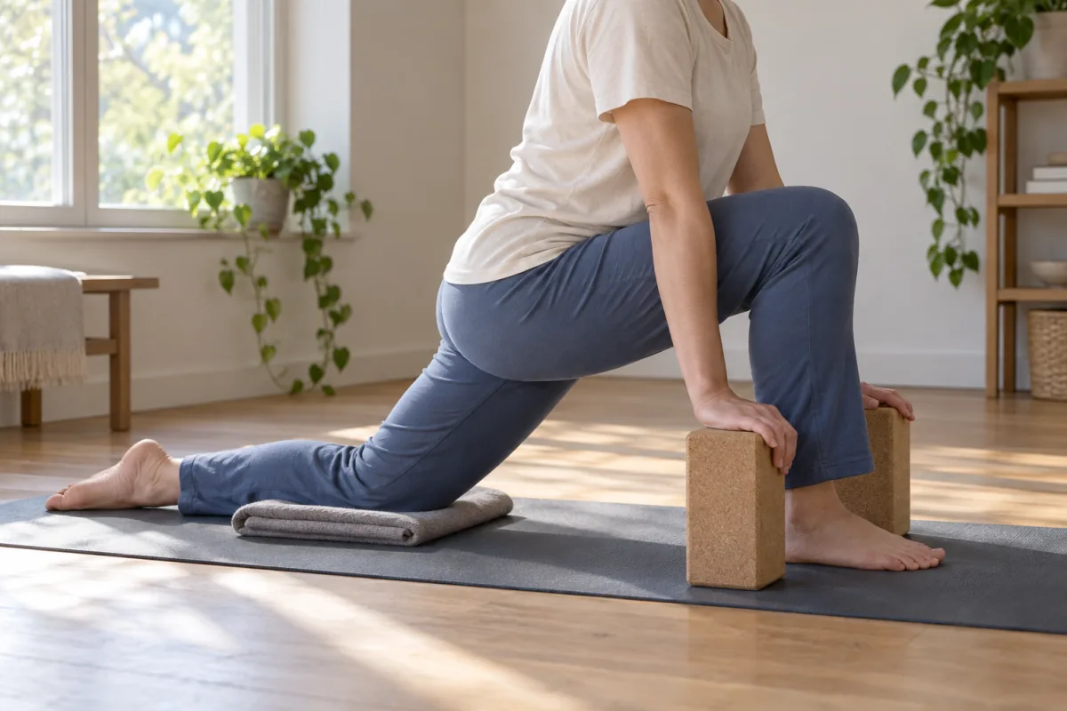 A beginner uses yoga blocks and a padded knee support for a gentle low lunge.