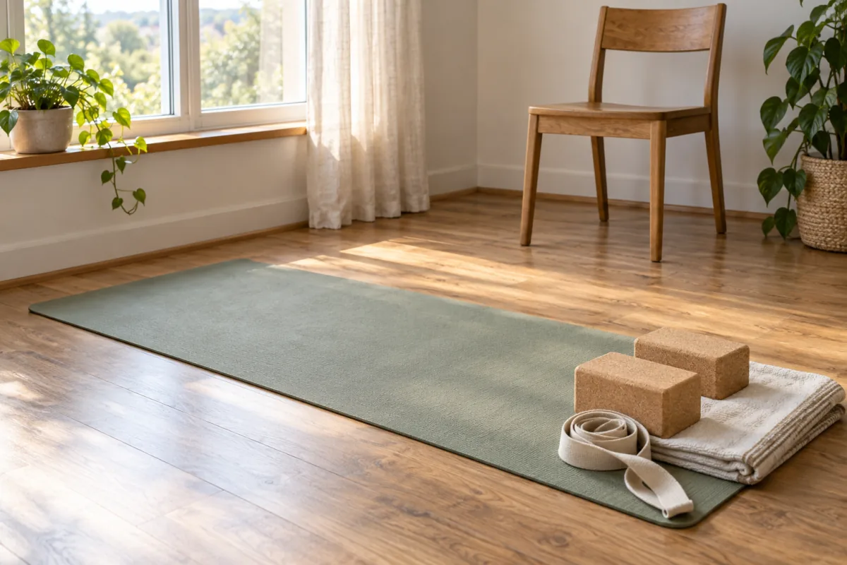 A yoga mat, two cork blocks, a folded blanket and a plain strap in morning light.