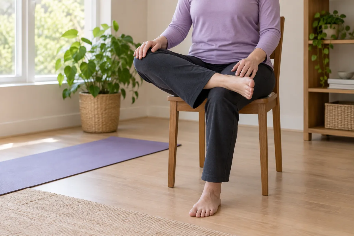 An adult tries a gentle seated figure-four stretch on a sturdy chair beside a yoga mat.