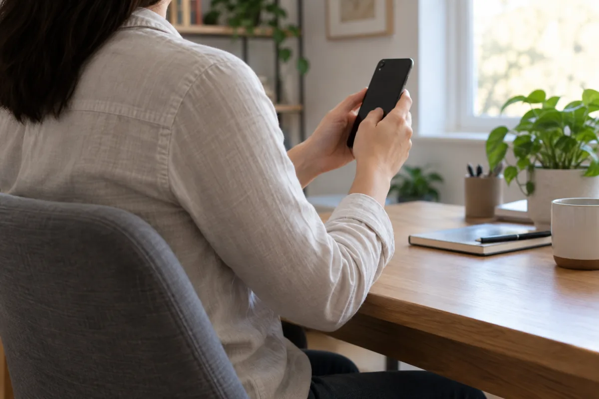 An adult holds a plain phone higher while sitting comfortably at a desk.