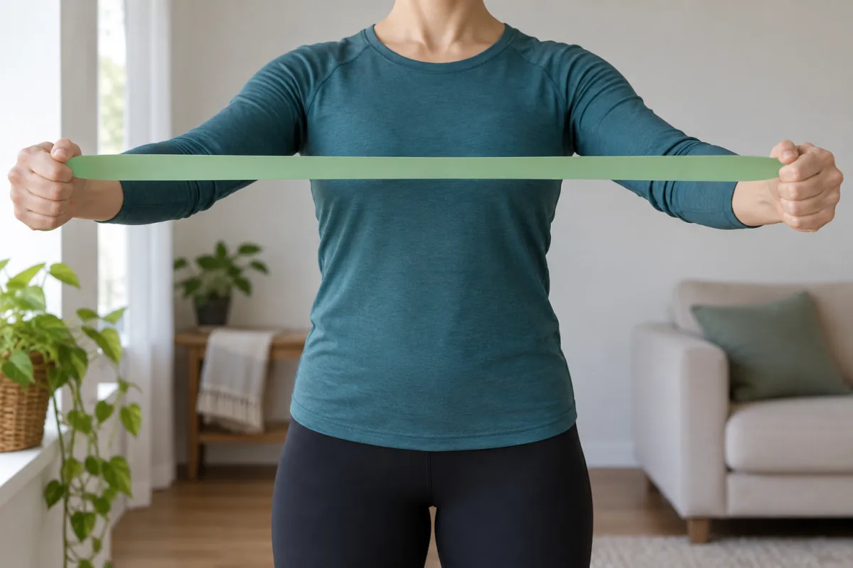 An adult gently stretches a resistance band across the chest during an upper-back exercise.