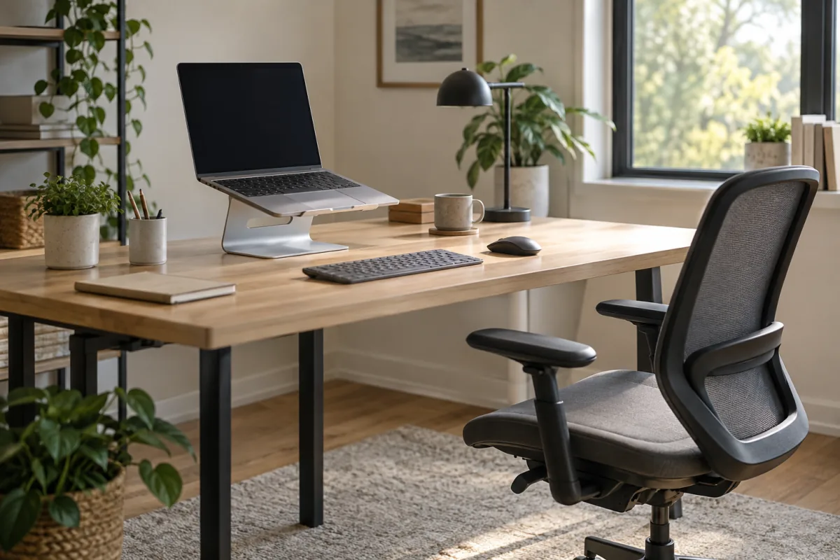 A raised laptop with a separate keyboard and mouse on a tidy home-office desk.