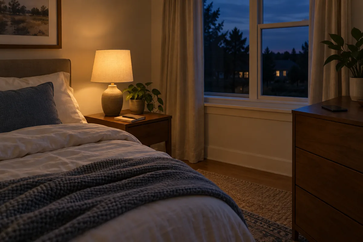 A quiet bedroom with a warm lamp, closed notebook and phone placed face down away from the bed.