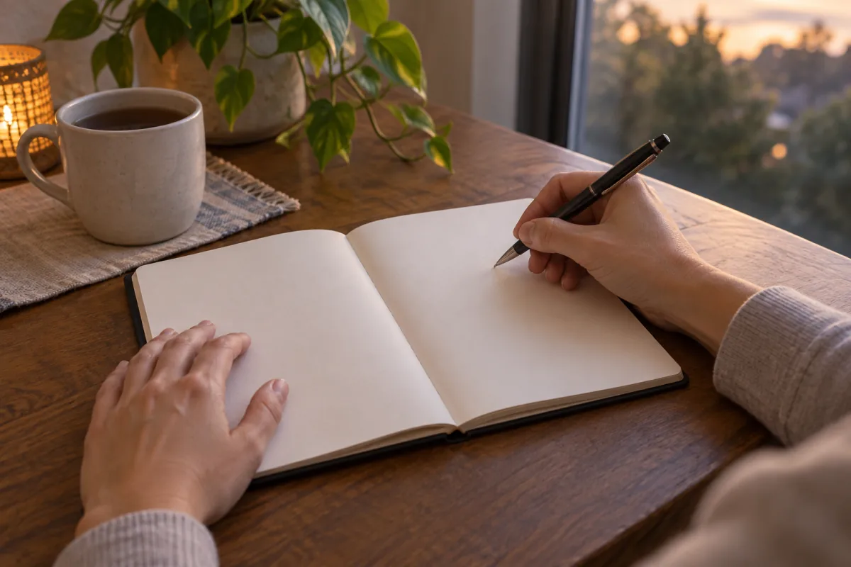 Hands hold a pen above a plain notebook during an early-evening planning break.