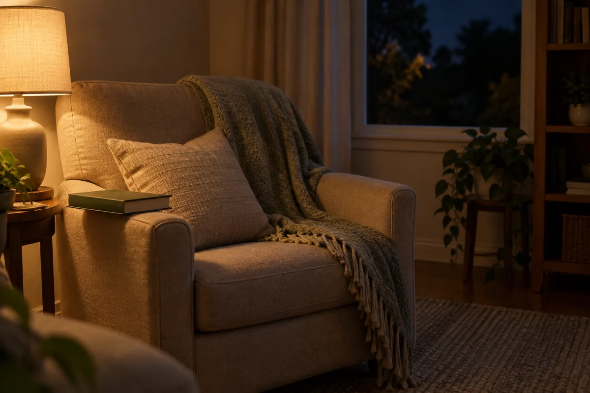 An empty armchair and closed book under a dim lamp in a quiet room at night.