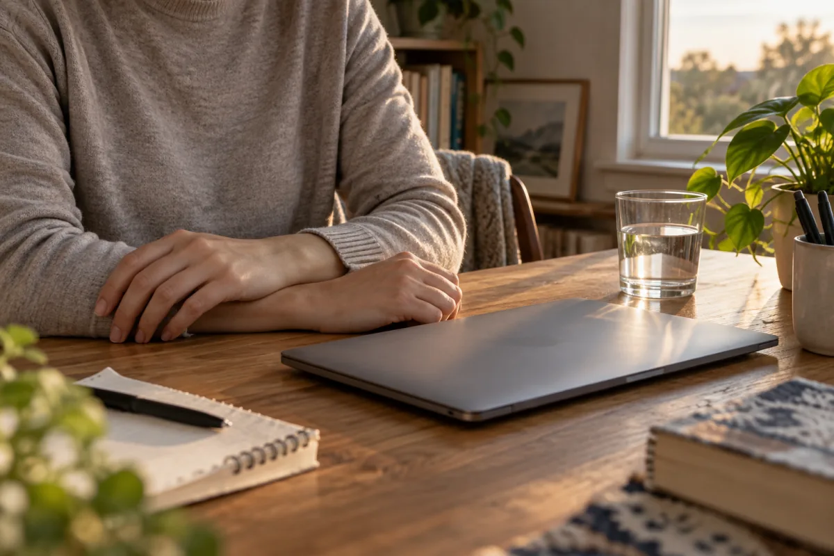 An adult pauses at a desk with a closed laptop and hands resting on the tabletop.