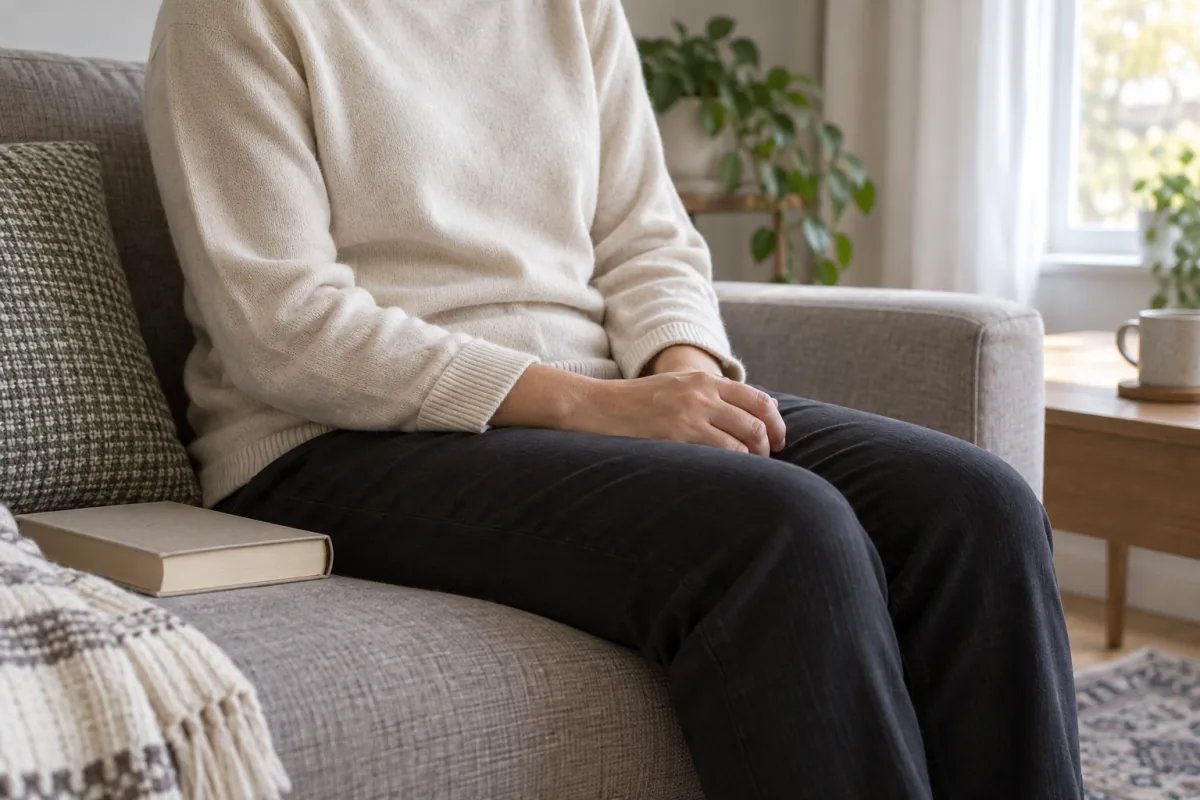 An adult sits quietly on a sofa by a window with a book set aside.