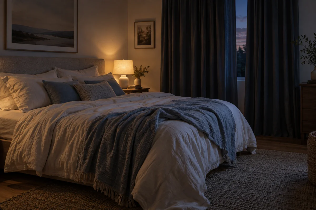 A quiet bedroom with neutral bedding and a warm bedside lamp at dusk