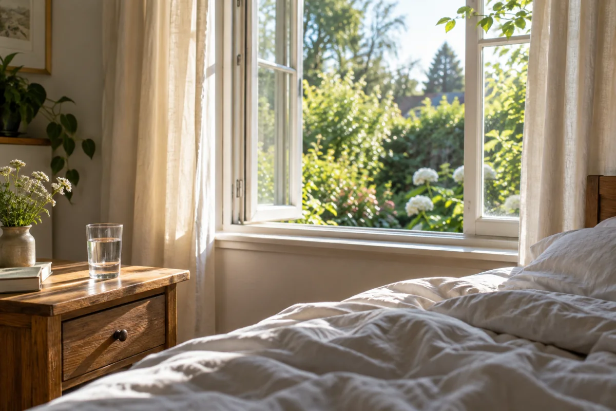 Morning sunlight enters an empty bedroom beside a glass of water