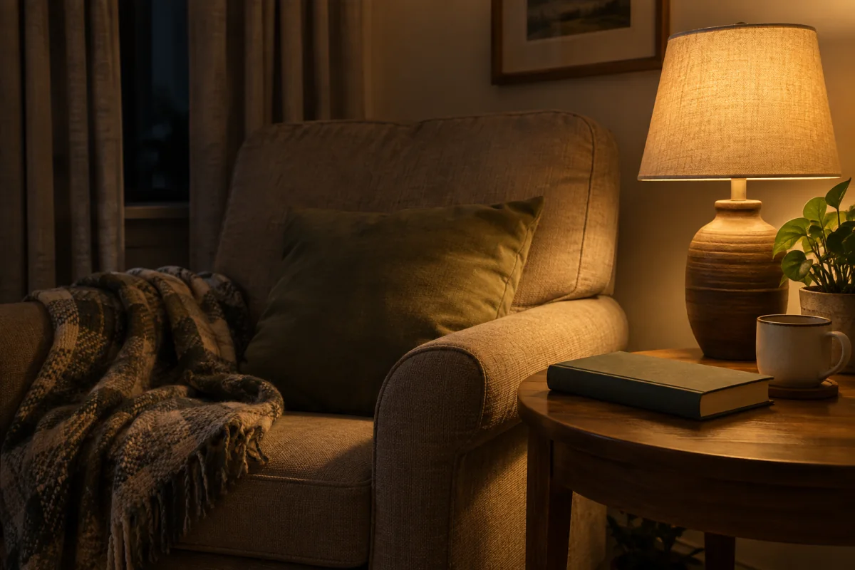 A dim reading corner with a plain book and warm lamp for an evening wind-down