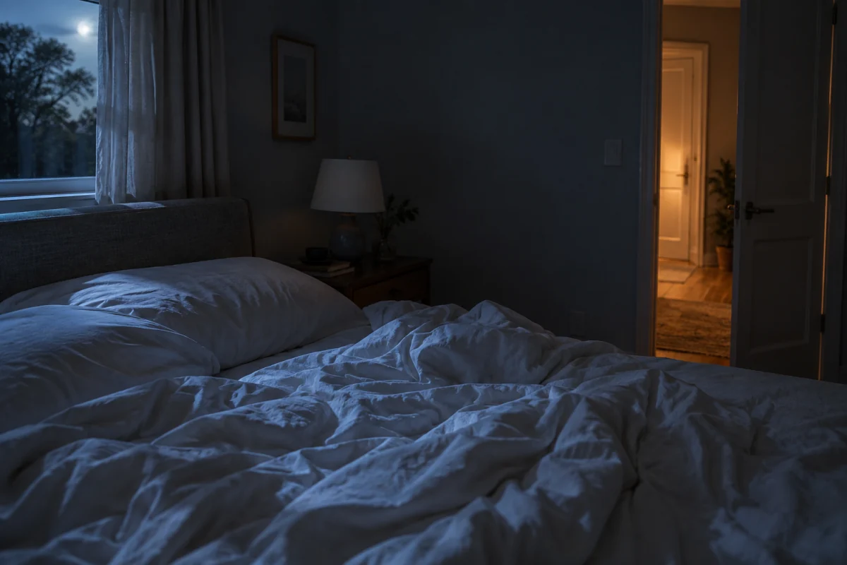 Rumpled bedding in a quiet bedroom with soft moonlight falling beside the bed.