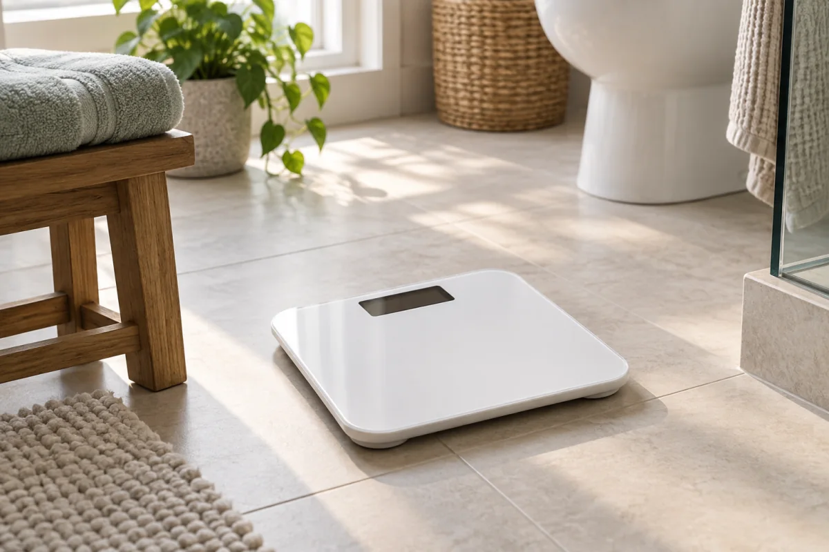 An unoccupied digital bathroom scale on a flat tiled floor in soft morning light