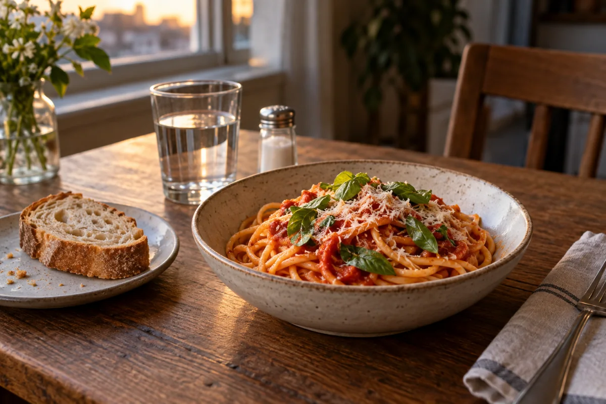 A normal pasta meal with tomato sauce, bread and water on a dining table