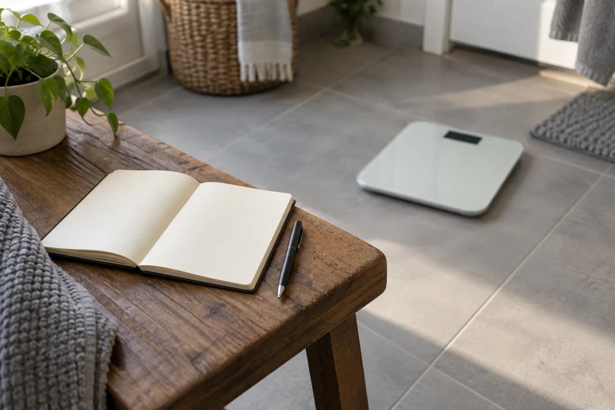 A blank notebook and pen on a bench near an inactive bathroom scale