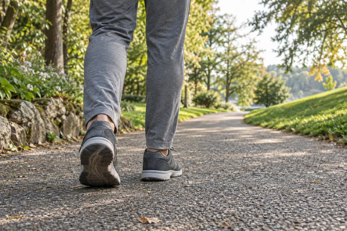 An adult's lower legs walking steadily up a gentle park path in plain trainers