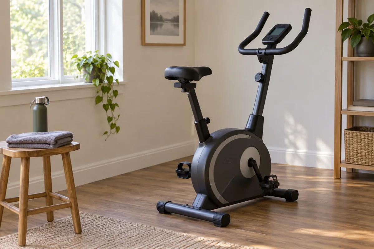 A simple stationary exercise bike and water bottle in a bright home corner