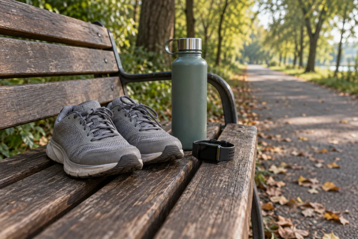 Plain walking shoes, a water bottle and a blank-screen fitness watch on a park bench